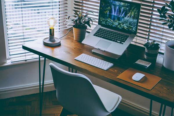 Desk with a laptop, plant, and a glass of water in soft light
